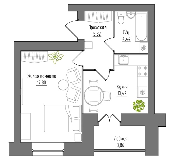 ЖК "ГринВилль", Череповец, Рыбинская ул, дом 29, квартира 373, секция 5, этаж 4 План 2